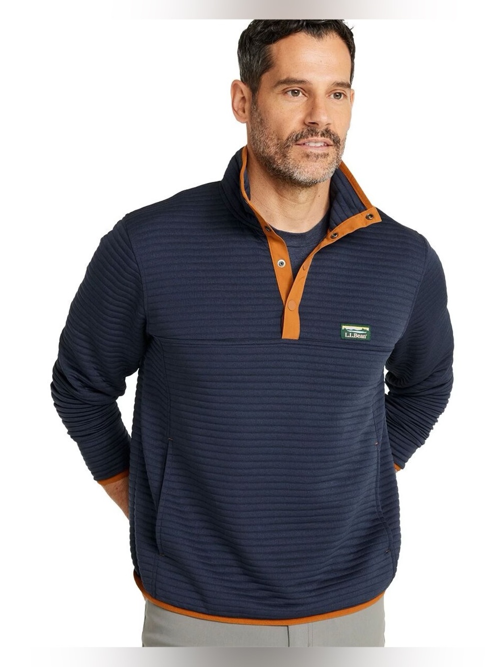 LL Bean Airlight Knit Pullover Sweater Jacket Mens XL Navy Blue Snap Pockets